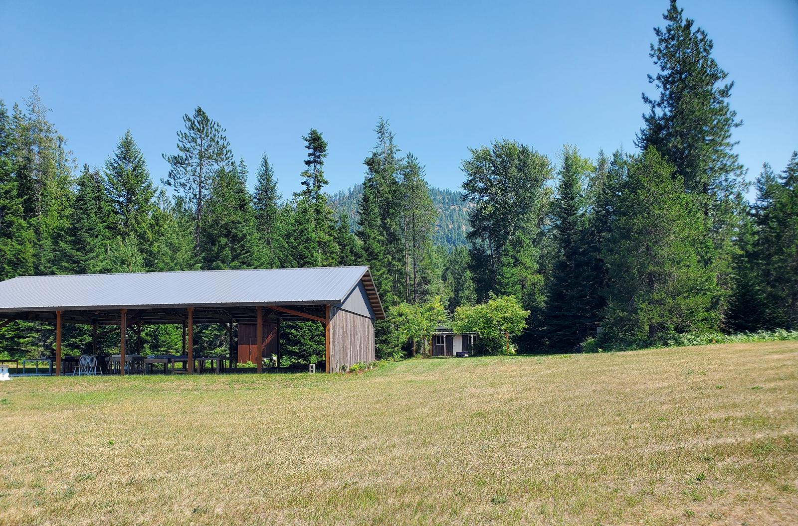 The meadow at Elmira Ever After opening to the timber pavilion, ringed by pines under a summer sky