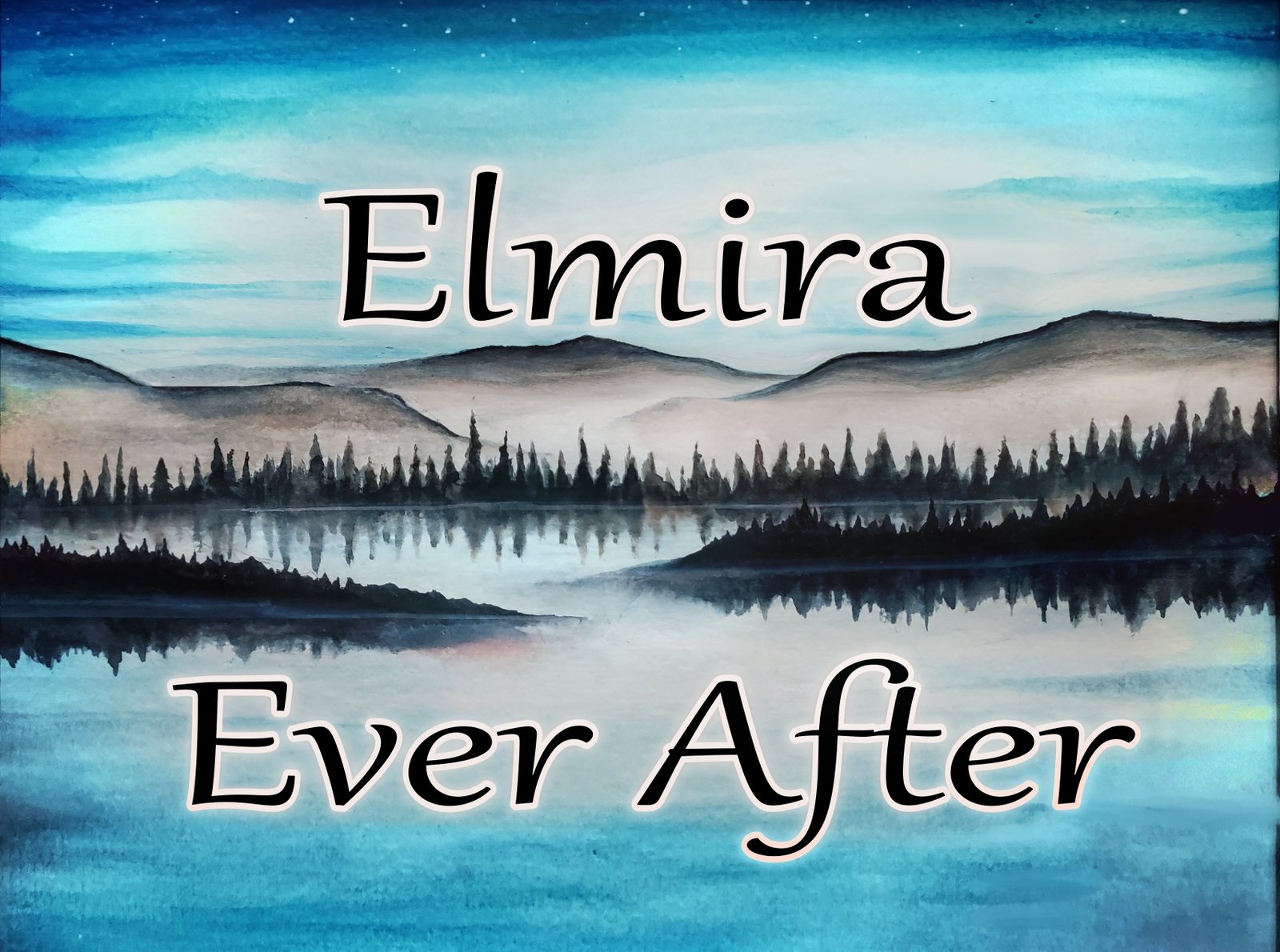 Elmira Ever After — a hand-painted watercolor of a misty North Idaho lake at dawn, dark pines reflected in still water